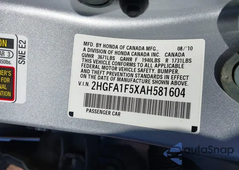 2010 Honda Civic Lx z USA, uszkodzony, nr VIN 2HGFA1F5XAH581604